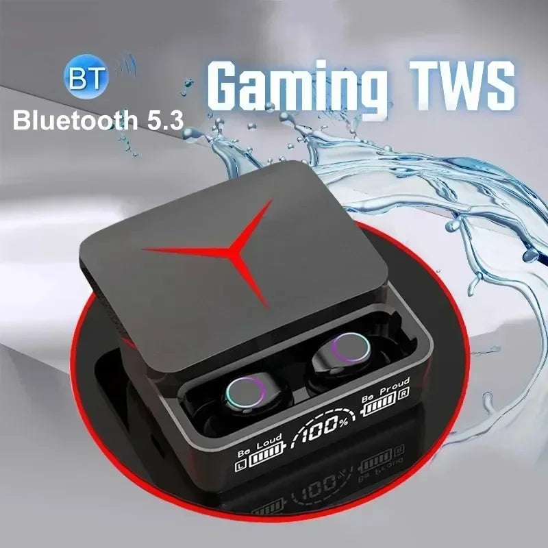 Black gaming wireless earbuds with a charging case featuring a digital battery display and red LED accents.