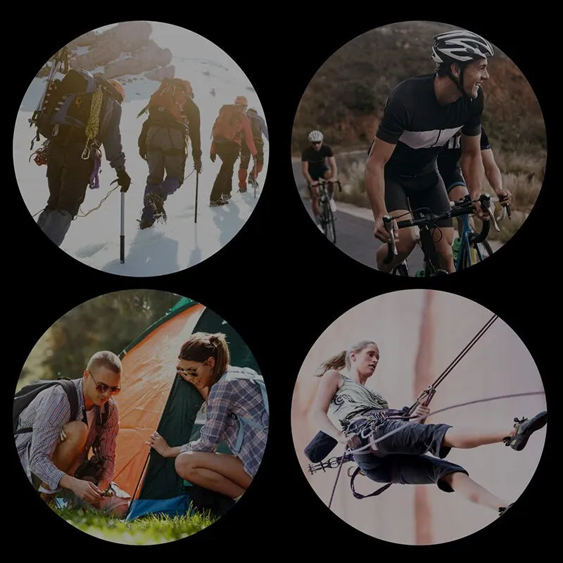 Four circular images showing outdoor activities: mountaineering, cycling, camping, and rock climbing.