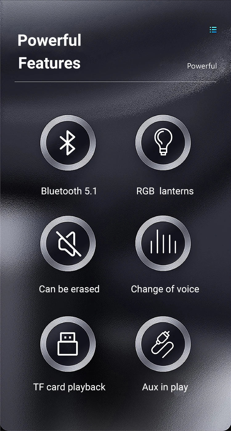 Dark infographic showing speaker features: Bluetooth 5.1, RGB lights, voice effects, TF card, and Aux playback.