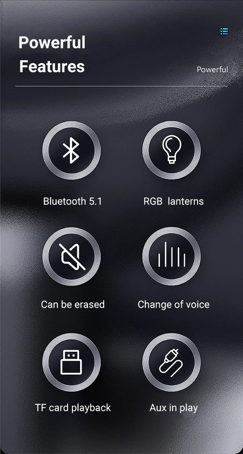 Dark infographic showing speaker features: Bluetooth 5.1, RGB lights, voice effects, TF card, and Aux playback.
