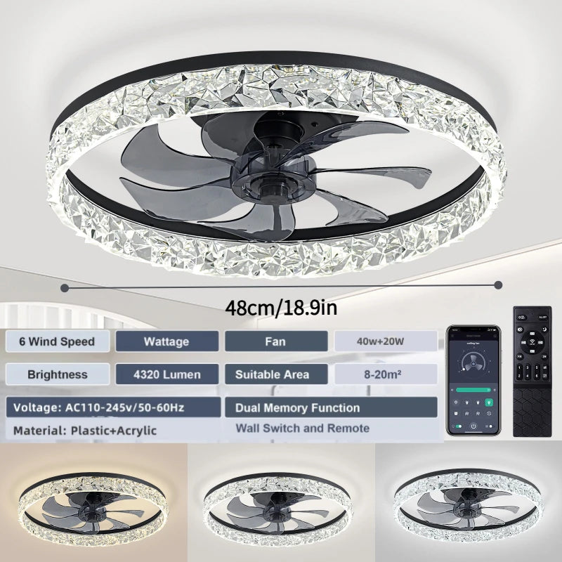 18.9in modern black flush-mount ceiling fan with a decorative crystal-effect LED light ring, remote, and app control.