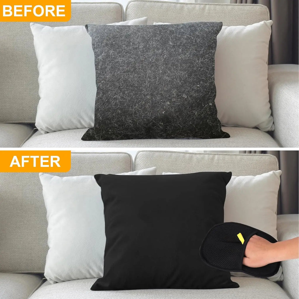 Before and after image of a black cushion being cleaned of pet hair using a black lint-removal mitt.
