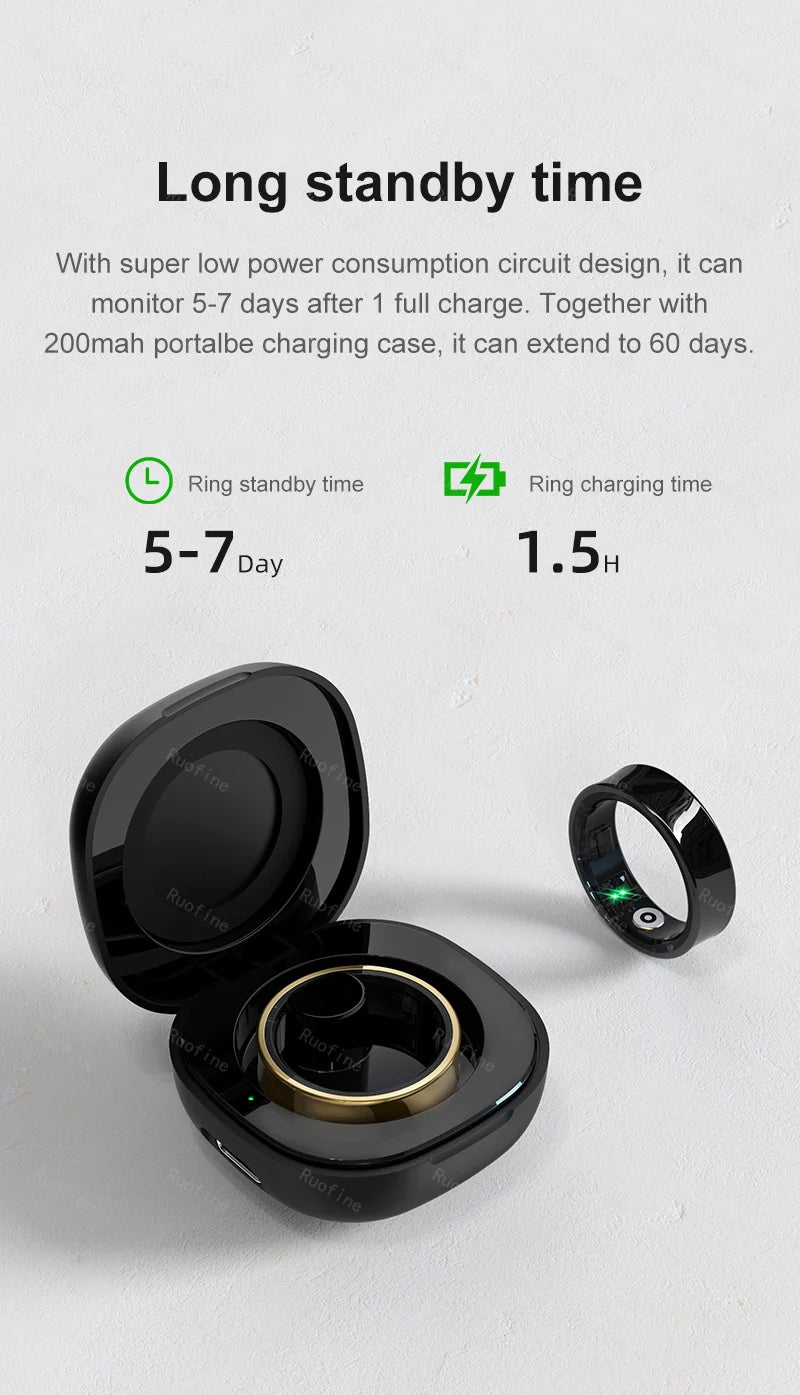 Glossy black smart health ring with metallic interior, shown with its portable charging case.