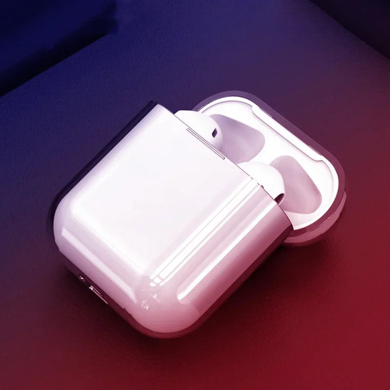 Glossy white protective case for Apple AirPods (1st/2nd Gen) on a dark gradient background.