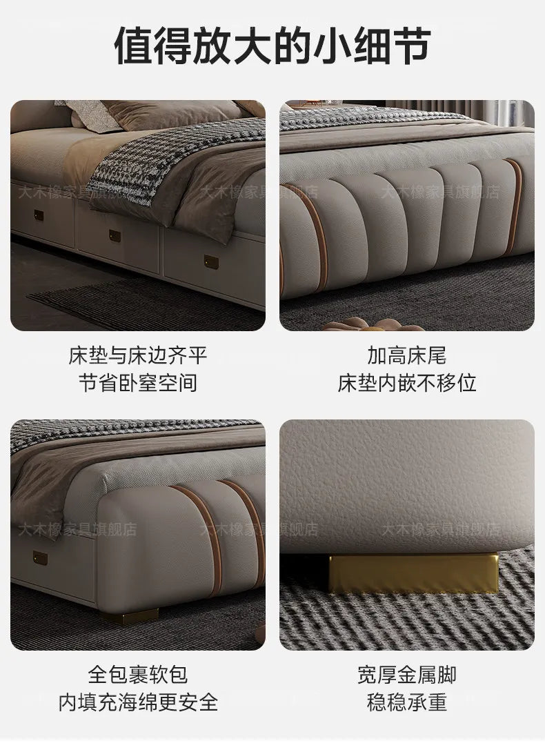 Modern luxury grey upholstered bed featuring integrated storage drawers, a padded footboard, and gold metallic feet.