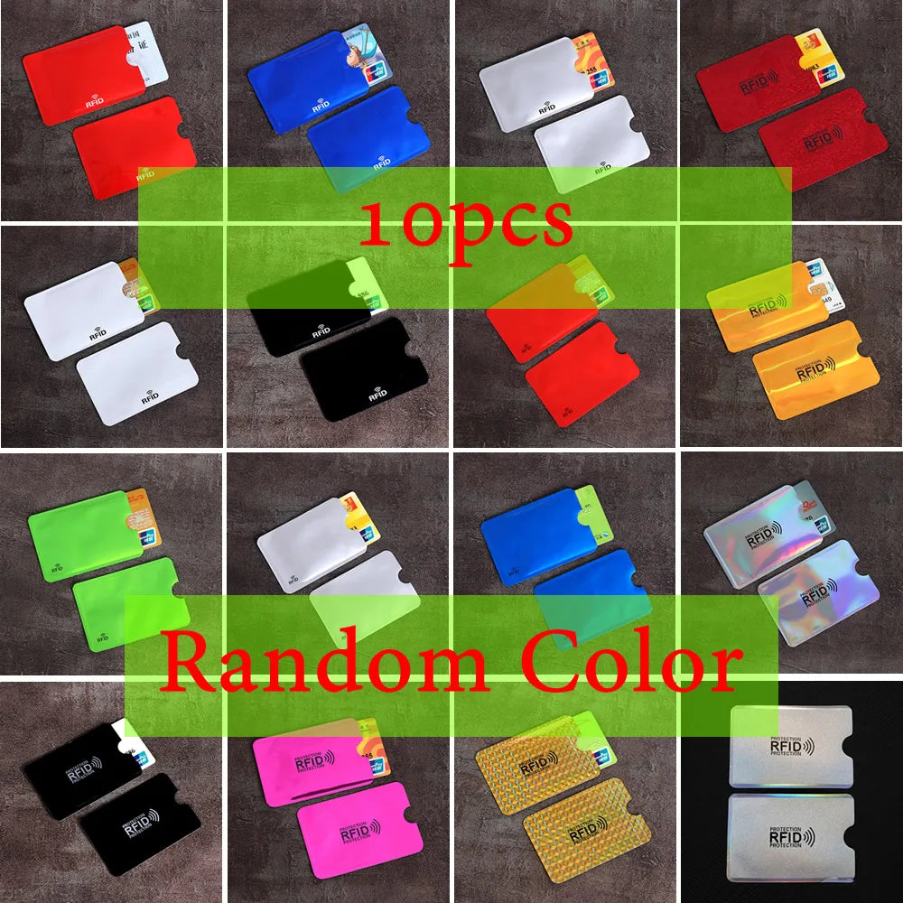 Ten multi-colored RFID blocking metal sleeves for credit cards, with thumb cut-outs for easy access.