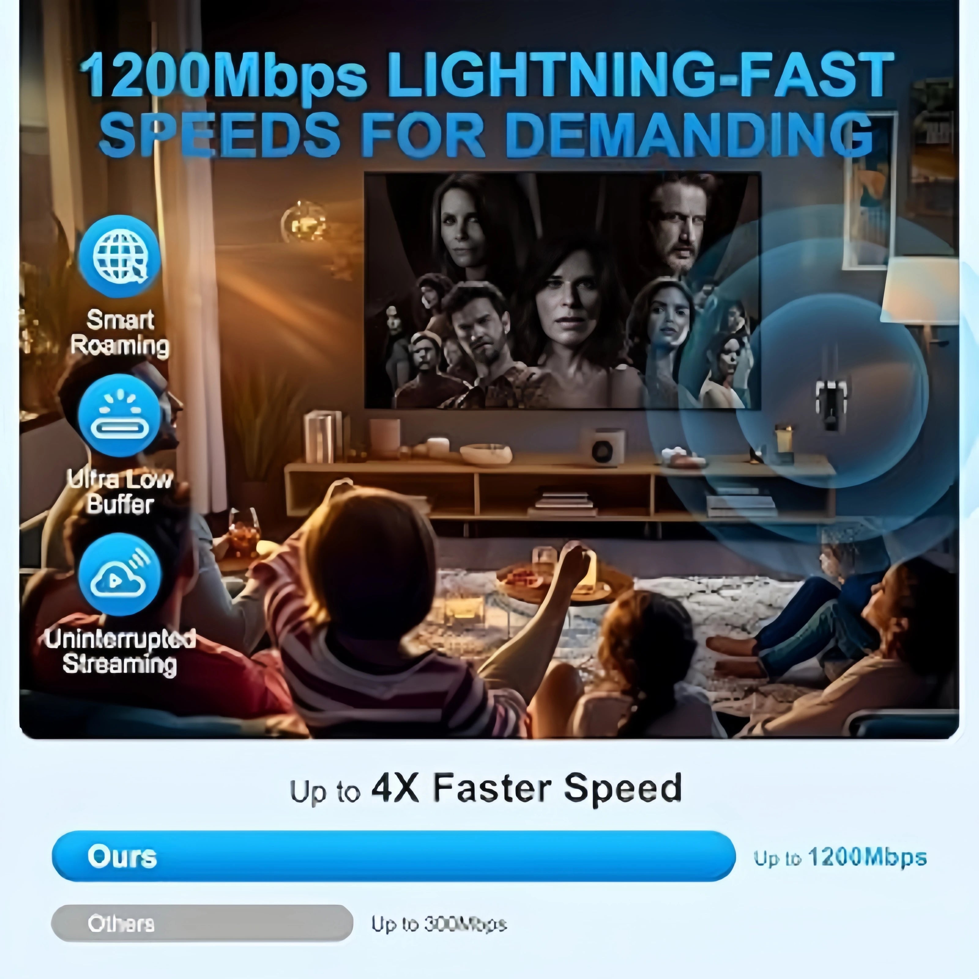 Compact black wall-plug WiFi extender in a living room, boosting signal for smooth streaming at 1200Mbps.