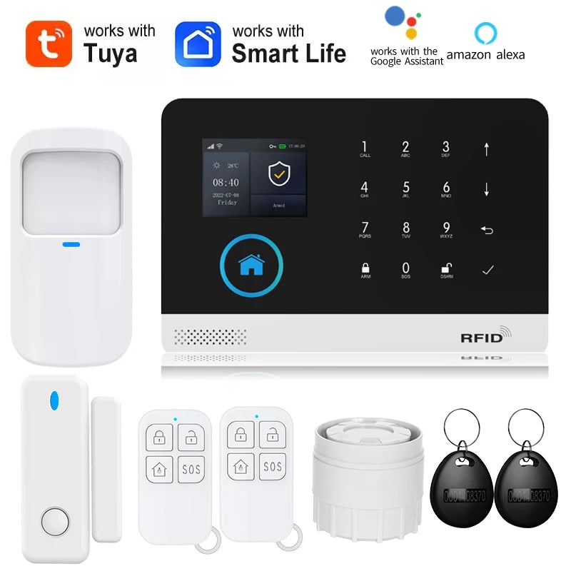 Smart home security system with white touchscreen alarm panel, motion sensor, remote key fobs, and RFID tags.