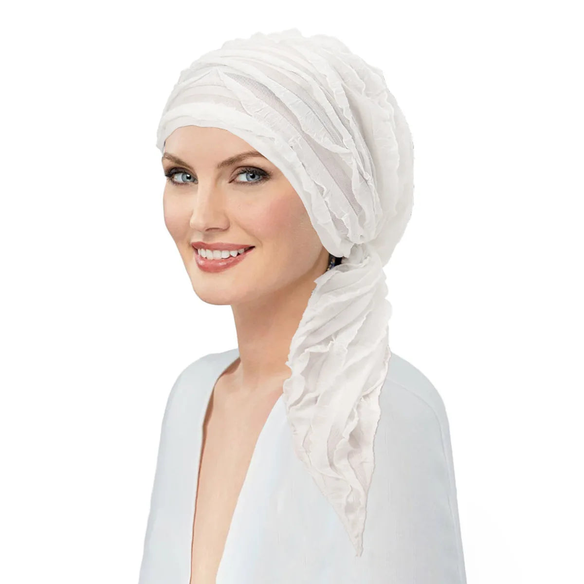 A woman wearing a white pre-tied elastic turban head wrap with textured, ruffled fabric detail.