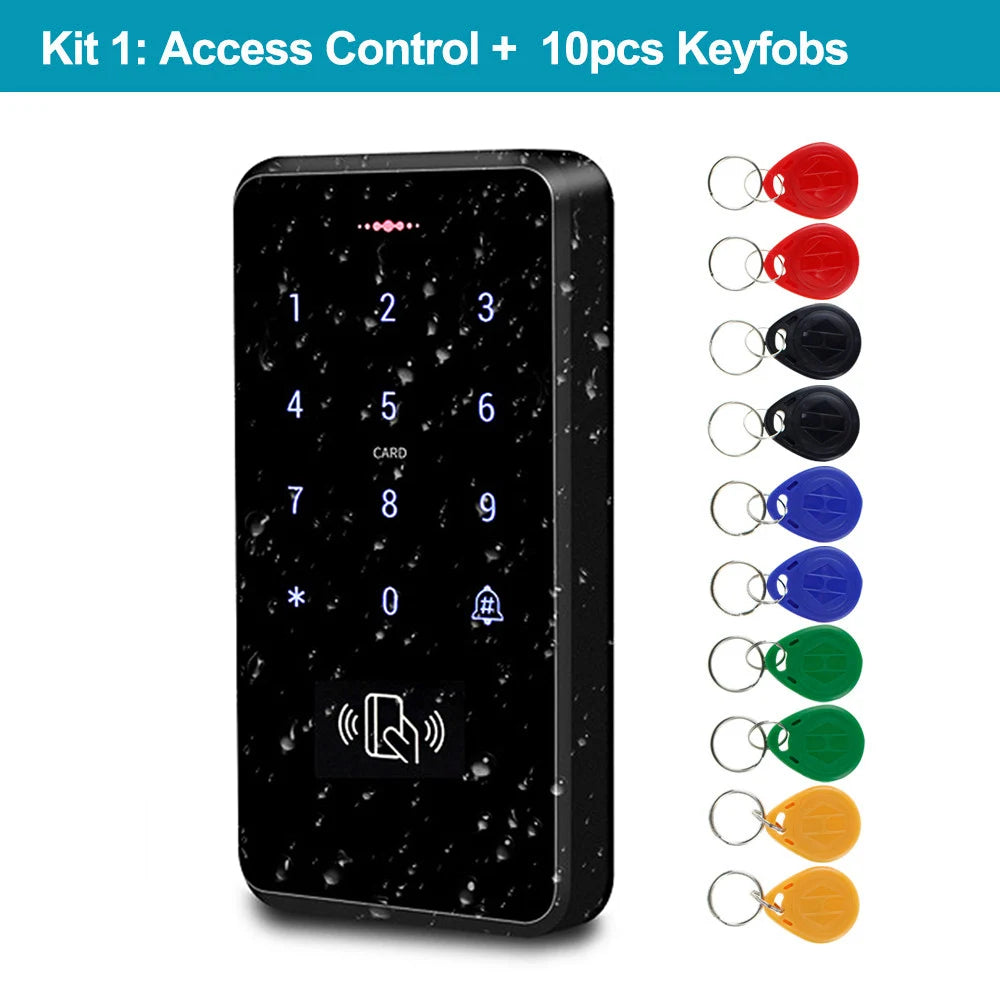 Black plastic access control keypad with card reader and 10 colorful RFID keyfobs on metal rings.