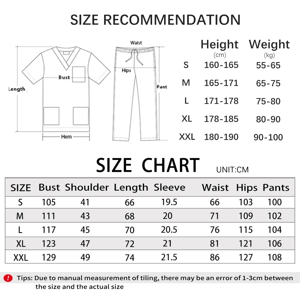 Size guide for unisex medical scrubs, featuring a V-neck top with utility pockets and matching drawstring trousers.