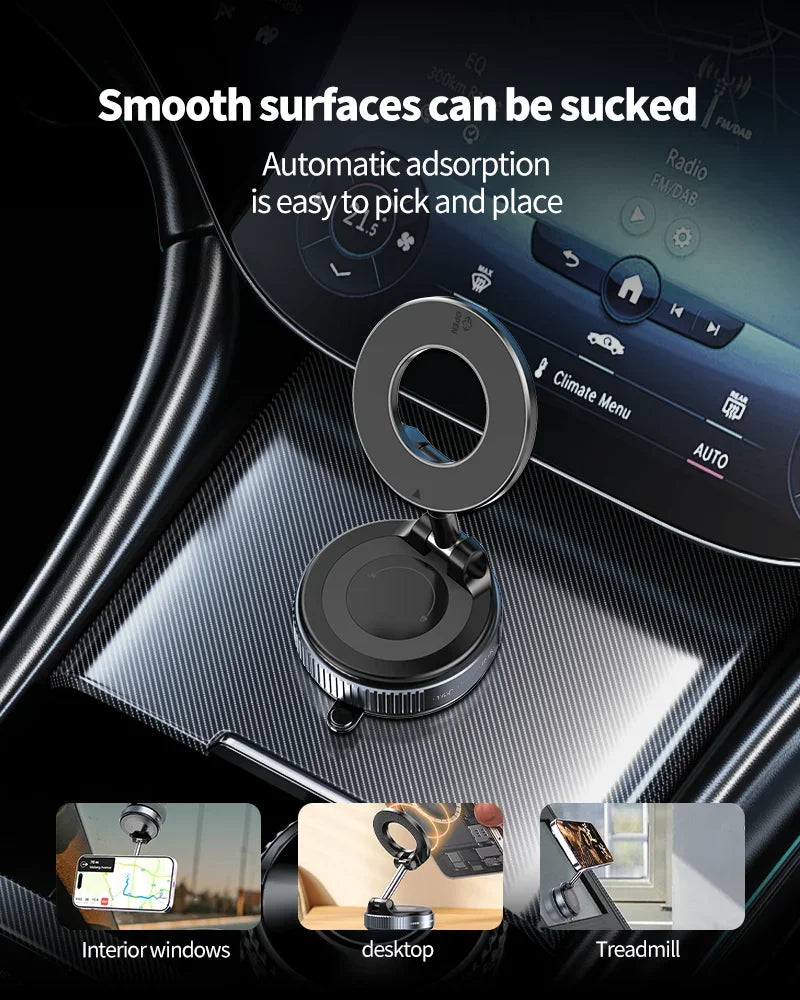 Magnetic phone holder with a circular mount, foldable arm, and black metallic finish for car and desk surfaces.