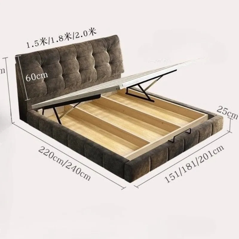 Modern dark grey upholstered bed frame with a tufted headboard and lift-up storage base.