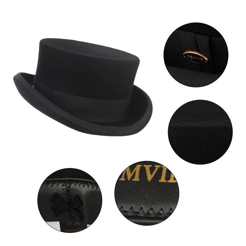Classic black wool top hat with a vintage jazz style, featuring a grosgrain ribbon band and a structured brim.