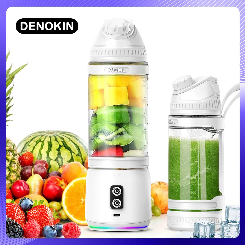 Two white portable 700ml smoothie blenders with fruit-filled clear containers and LED base lights.