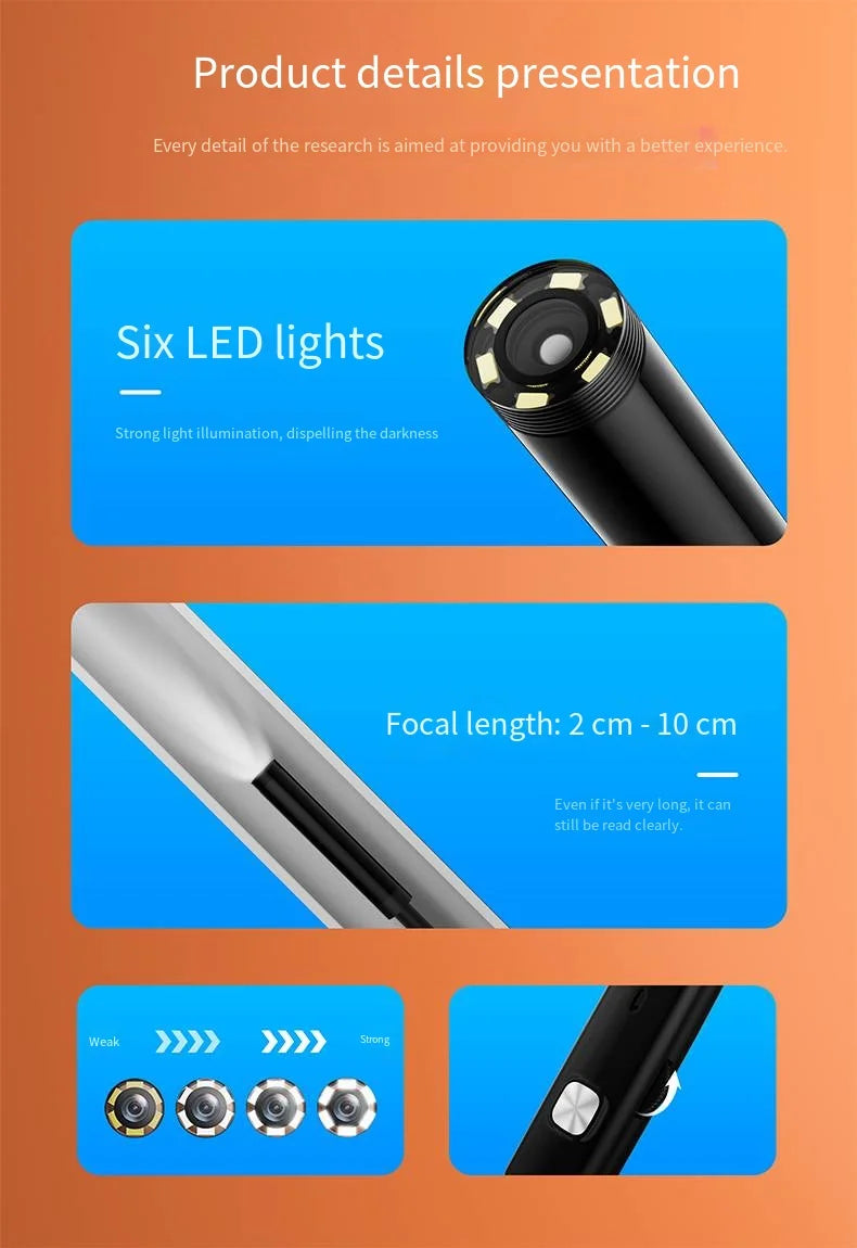 Black endoscope camera with 6 adjustable LED lights, 2-10cm focal length, and a manual brightness control button.