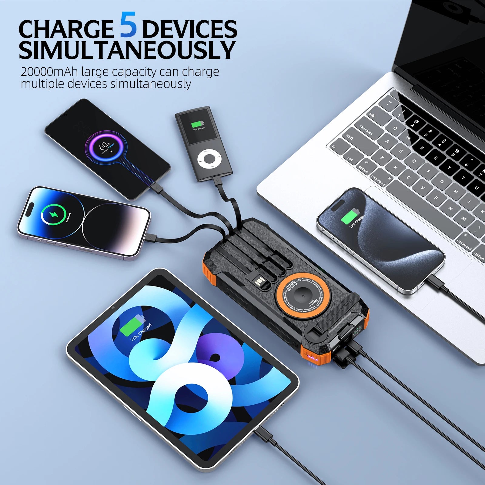 Black and orange rugged solar power bank charging five devices simultaneously via cables and wireless pads.