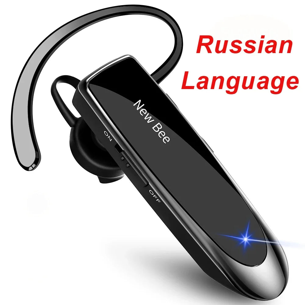 Sleek black wireless Bluetooth hands-free earpiece with an over-ear hook and on/off switch.