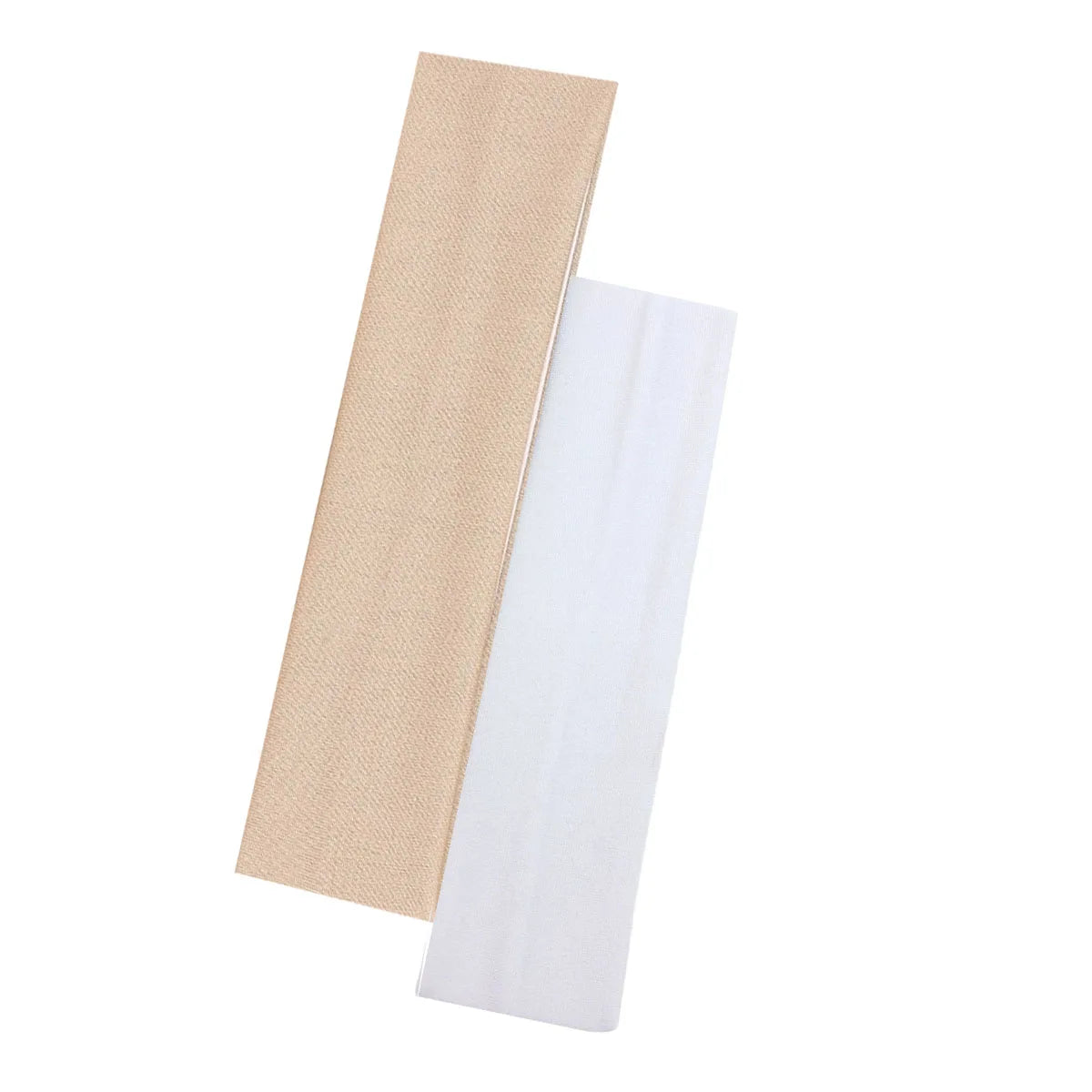 Two rectangular elastic hair headbands in nude and white, laid overlapping against a white background.