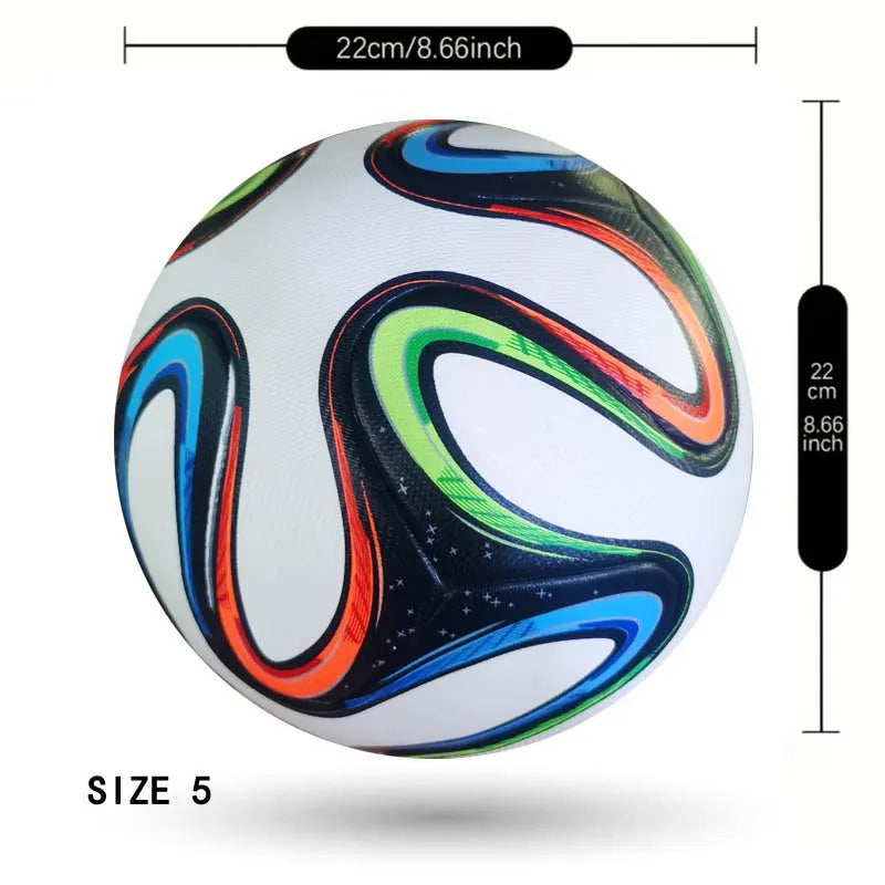 Size 5 white football with multi-coloured blue, green, and orange swirl patterns, 22cm diameter.