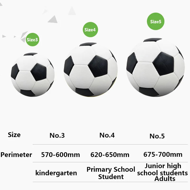 Three classic black and white footballs shown in sizes 3, 4, and 5 for different age groups.
