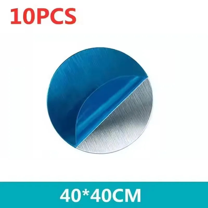 Pack of 10 circular, brushed silver metal discs with blue protective adhesive backing. Each measures 40cm.