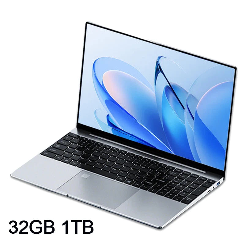 Sleek silver 15.6-inch laptop with a slim-bezel display, black keyboard, and large trackpad.