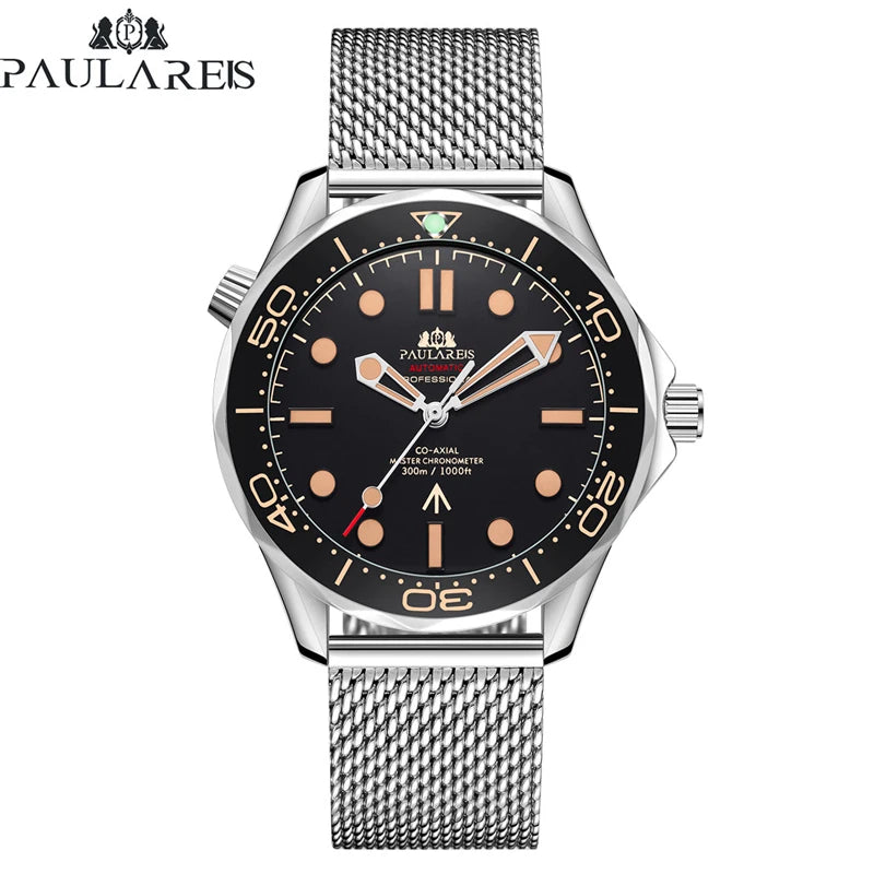 Men's automatic diver's watch with a black face, luminescent markers, and a silver stainless steel mesh strap.