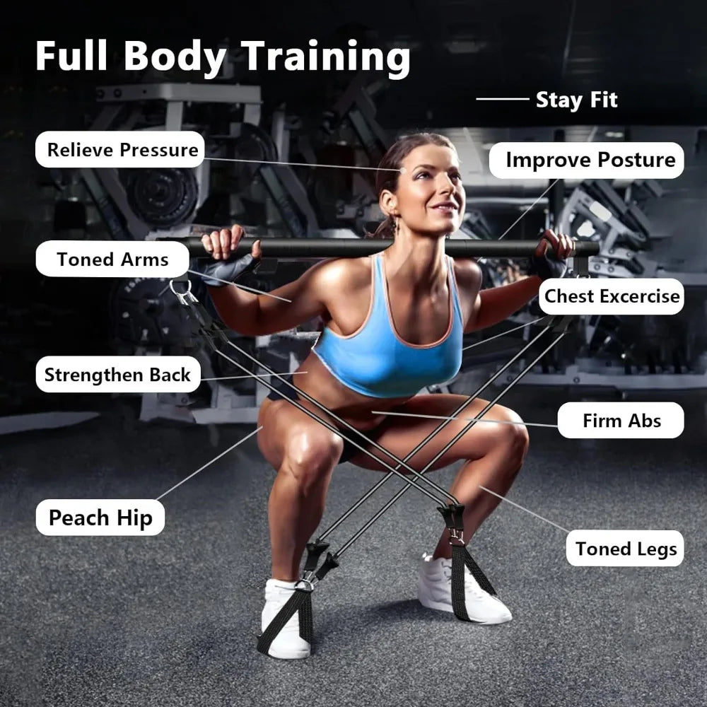 Woman squatting while using a black fitness bar with attached resistance bands for a full body workout.