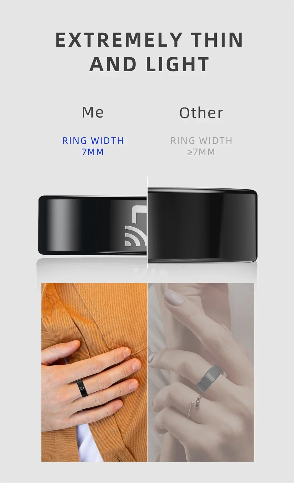 Comparison showing a slim 7mm black NFC smart ring worn on a finger, highlighting its sleek, lightweight design.