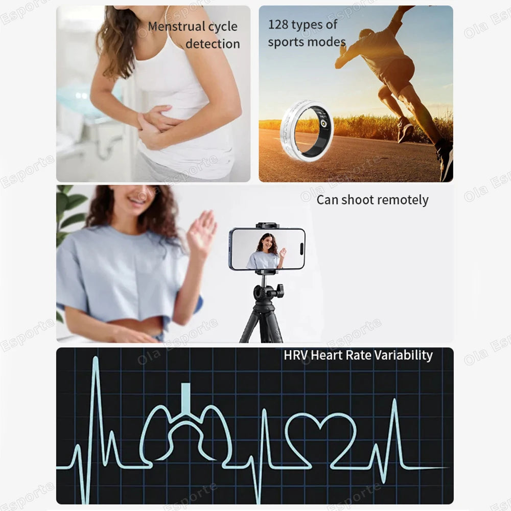 Silver and black smart fitness ring showing health tracking features like menstrual cycle, sports modes, and HRV.