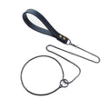 Stainless steel chain dog leash with a dark blue leather loop handle and brass rivets.