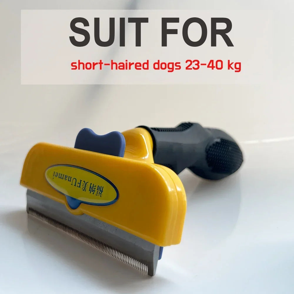 Yellow and black dog deshedding tool with a metal comb, for short-haired dogs 23-40kg.