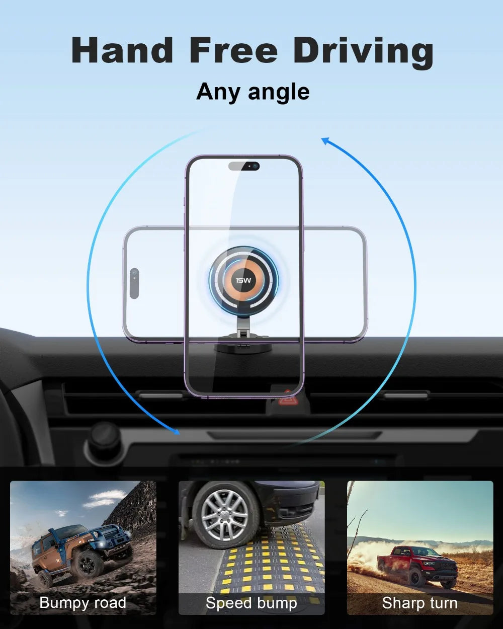 Black magnetic 15W wireless car phone mount rotates for any angle, shown attached to a car dashboard.