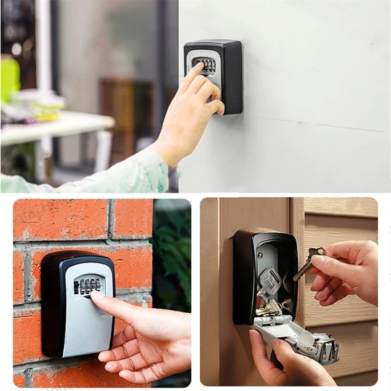 Wall-mounted black and silver key lock box with a resettable combination dial for secure key storage.