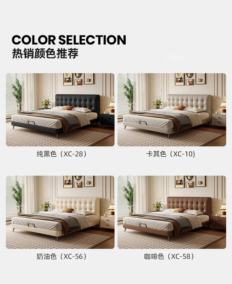 Four minimalist storage bed frames with button-tufted headboards, shown in black, light grey, cream, and brown.