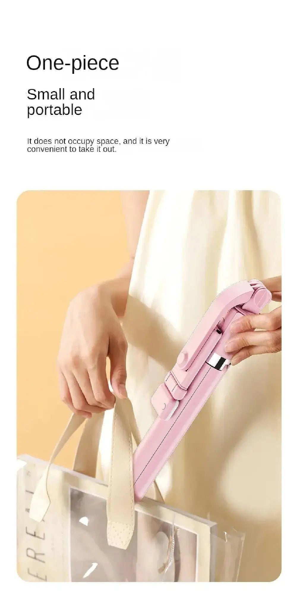 Compact, foldable light pink selfie stick being placed into a small tote bag. Portable, space-saving design.