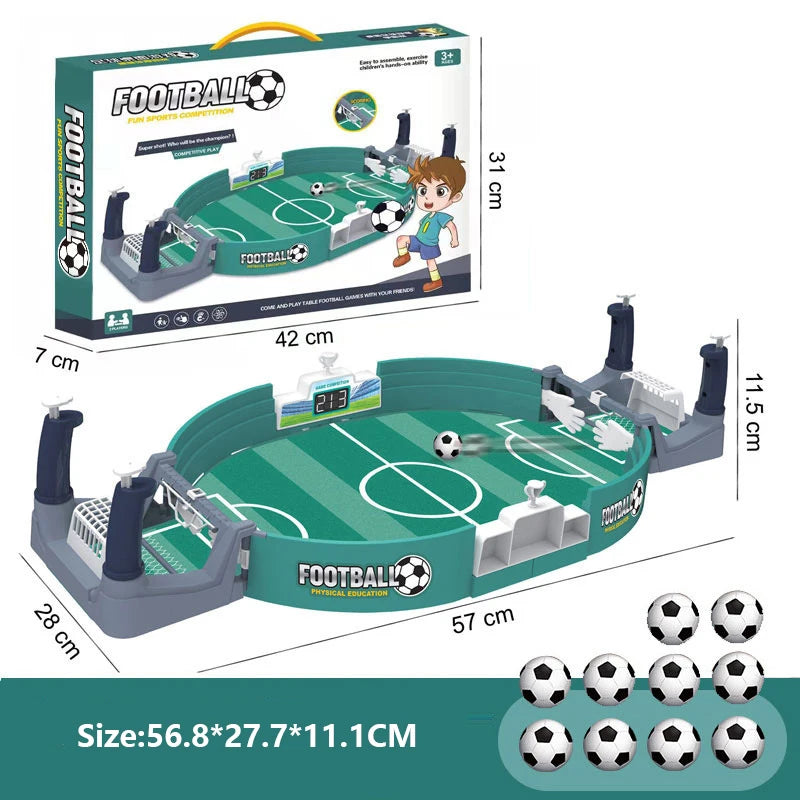 Tabletop football game with green pitch, scoreboard, goalies, and ten miniature footballs, shown with display box.
