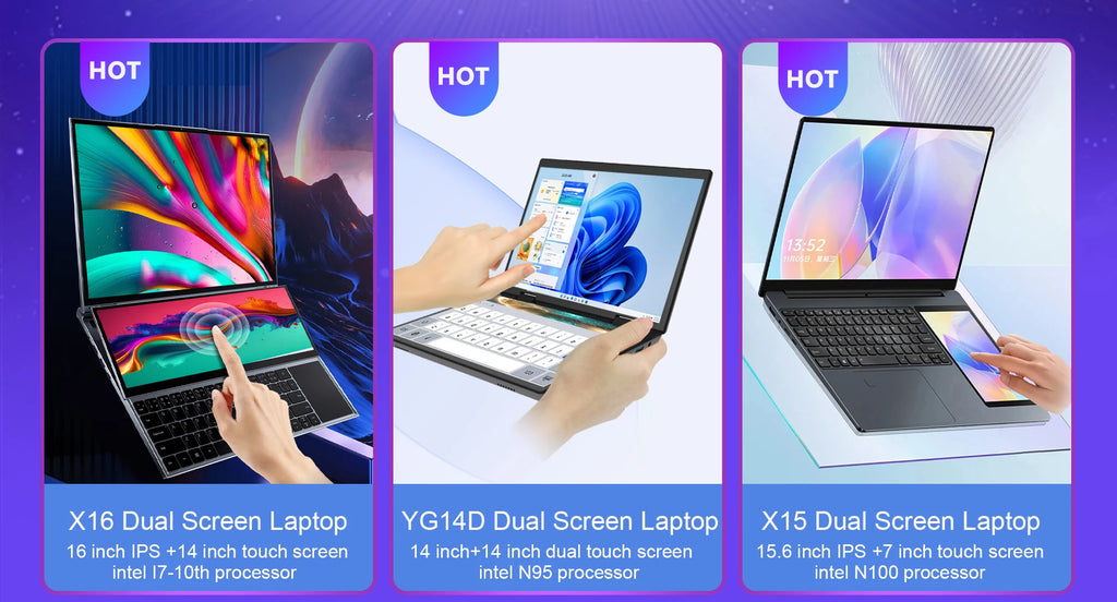 Three different modern grey laptops, each featuring an additional integrated touch display for enhanced multitasking.