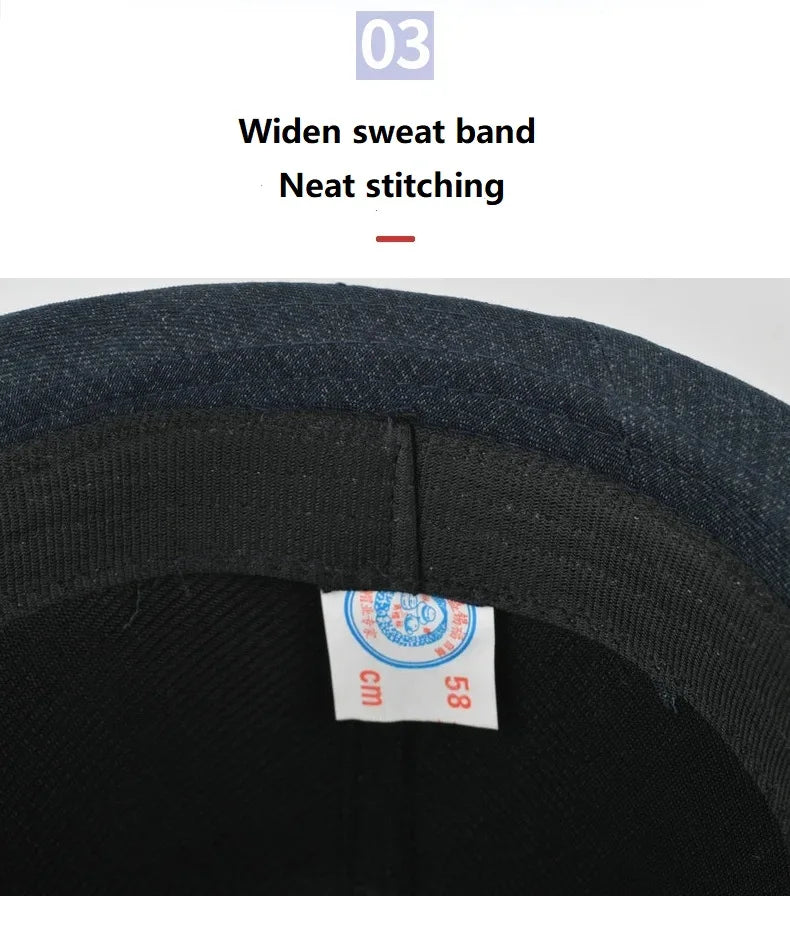 Close-up of the interior of a dark plaid hat showing a wide, black sweatband with neat, high-quality stitching.