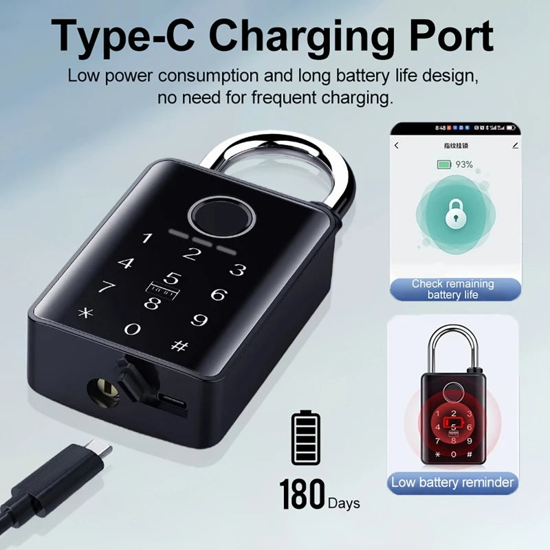 Black metal smart padlock with fingerprint sensor, keypad, and USB-C charging port.