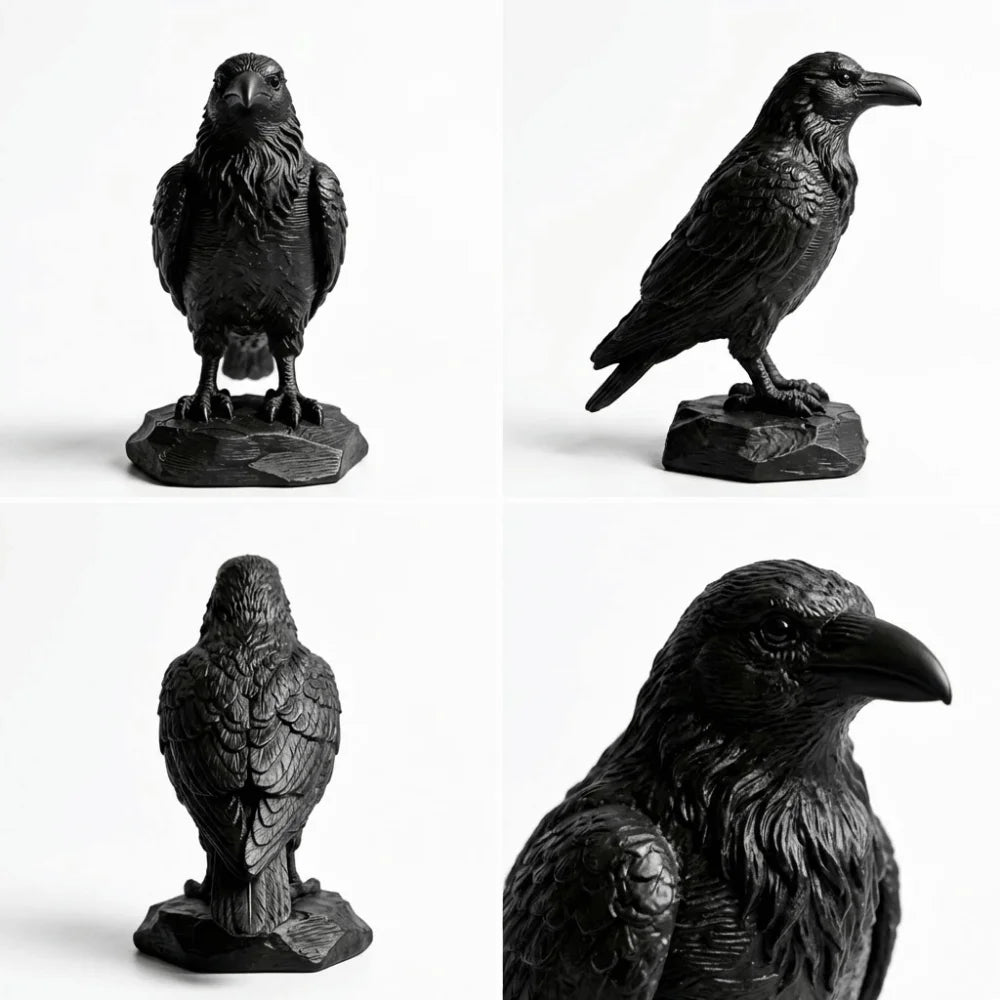 Four views of a matte black raven statue with detailed feather texture, standing on a textured rocky base.