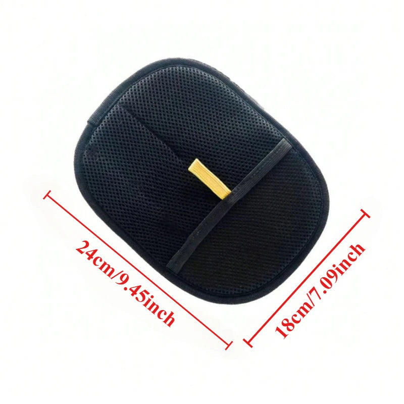 Oval black mesh hand mitt for pet grooming with a yellow elastic hand strap, annotated with 24cm by 18cm dimensions.