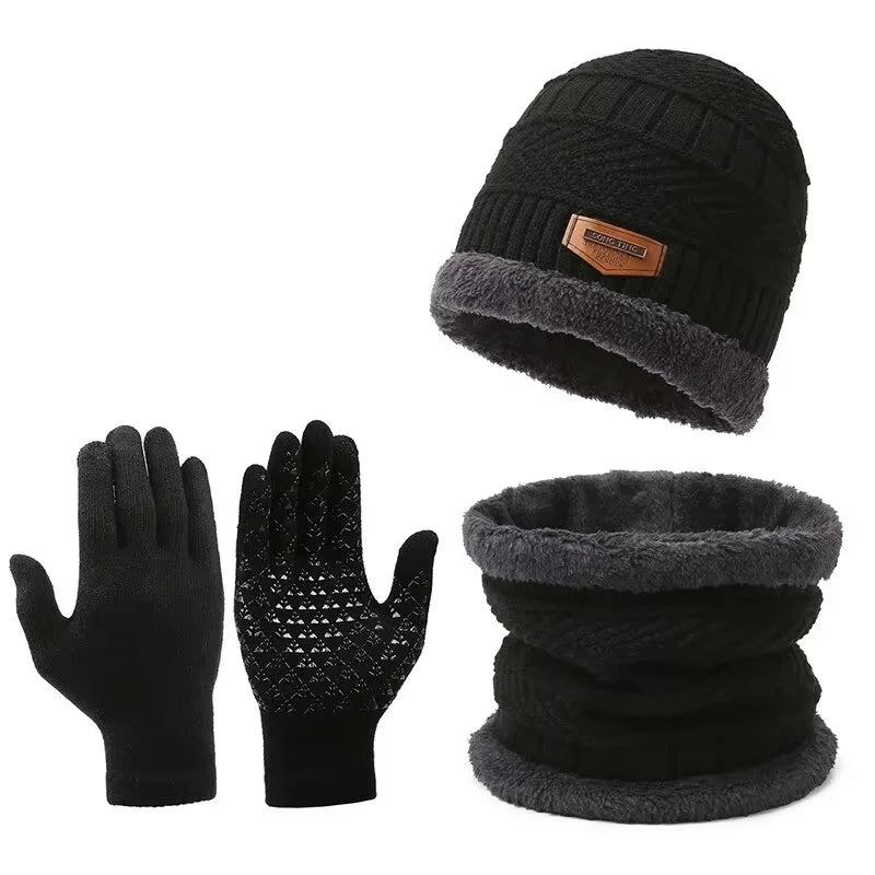 Men's black winter 3-piece set featuring a fleece-lined knit beanie, snood scarf and gloves with textured palms.
