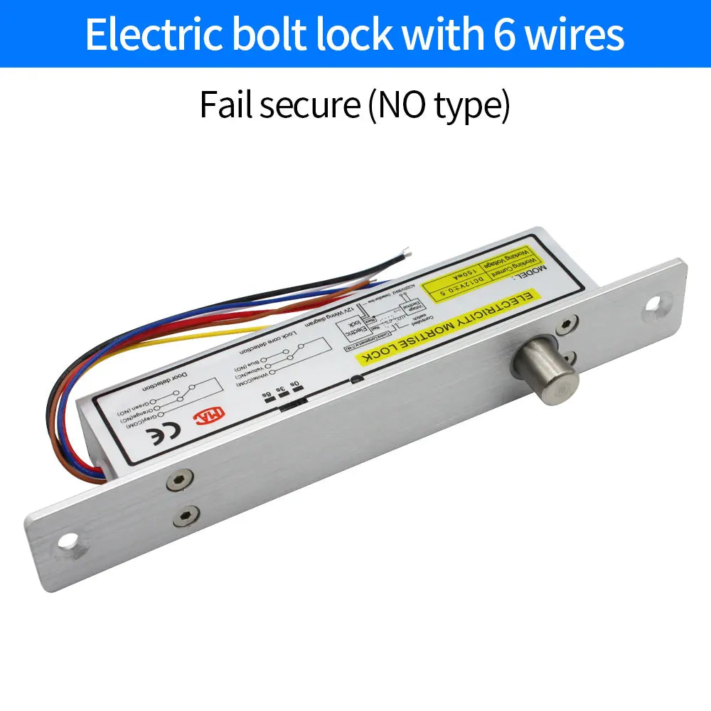 Silver metal electric mortise bolt lock with 6 wires and integrated wiring diagram on the faceplate.