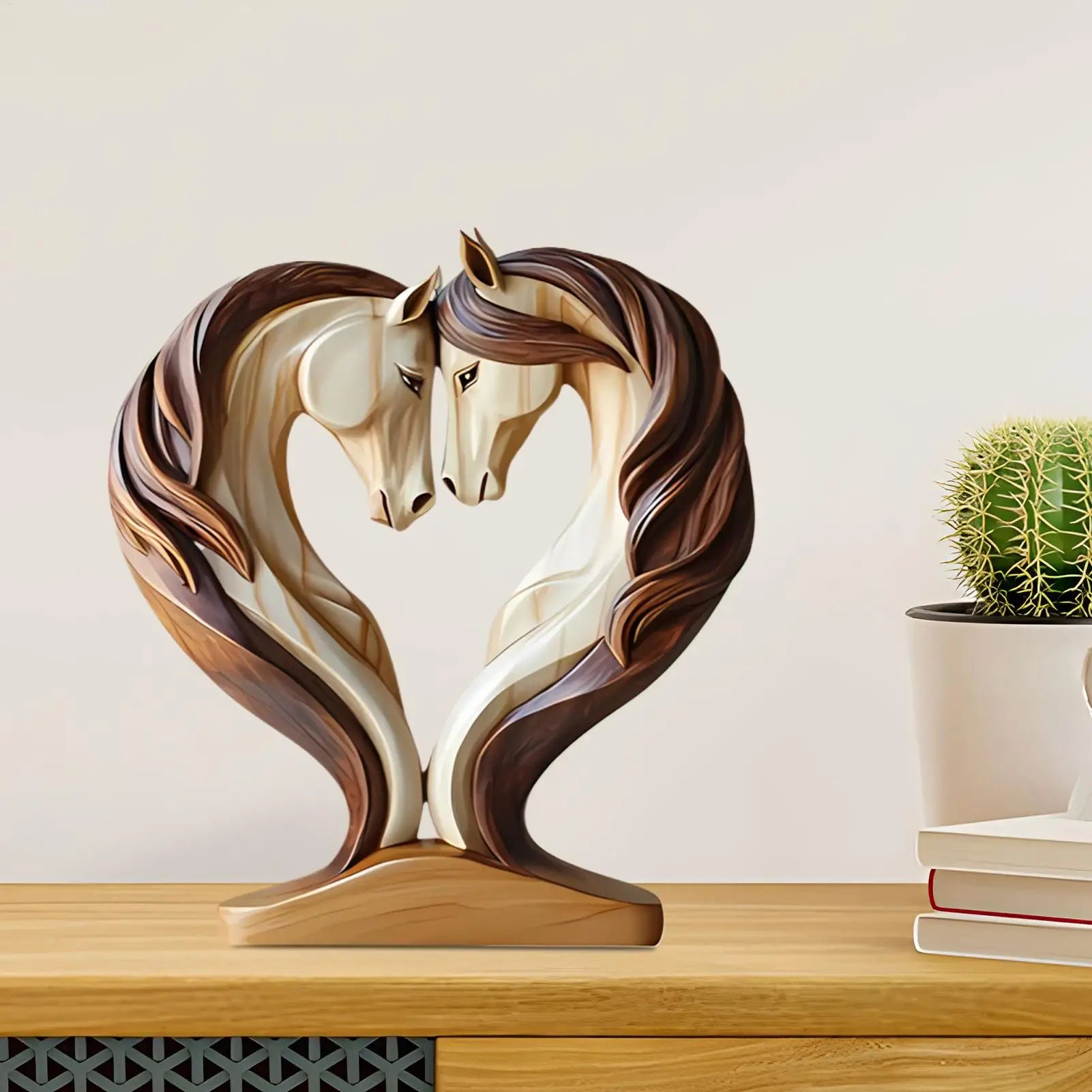 Decorative wooden-style statue of two horses with flowing manes forming a heart shape, finished in cream and brown.