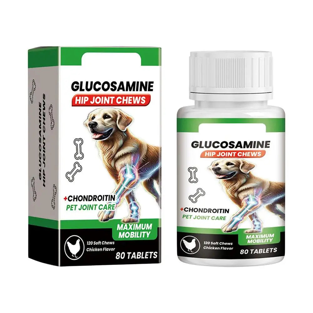 Glucosamine hip and joint chews for dogs, chicken flavoured, in a bottle and box, 80 tablets.