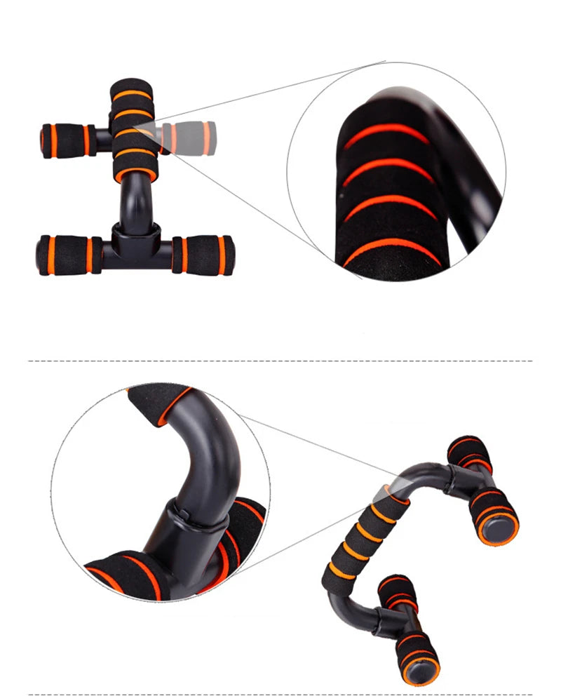 Black and orange push-up bars with padded foam grips, featuring close-up views of the construction details.