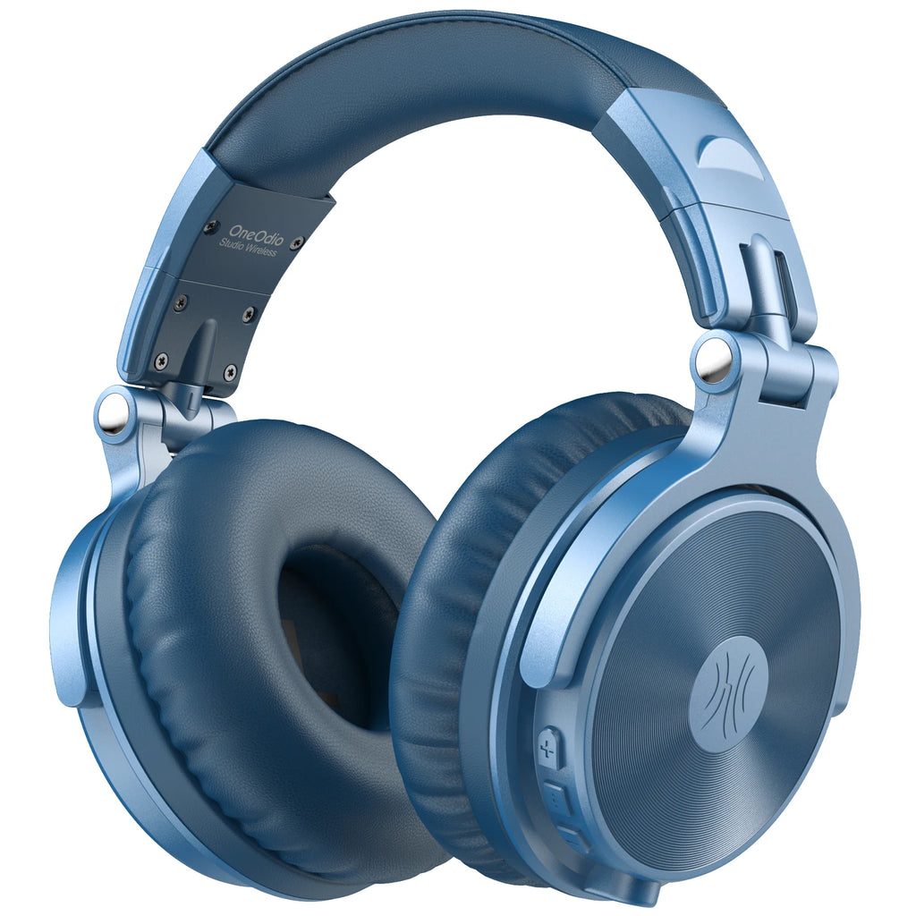 Blue wireless over-ear headphones with plush ear cushions, adjustable headband, and integrated control buttons.