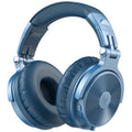 Blue wireless over-ear headphones with plush ear cushions, adjustable headband, and integrated control buttons.